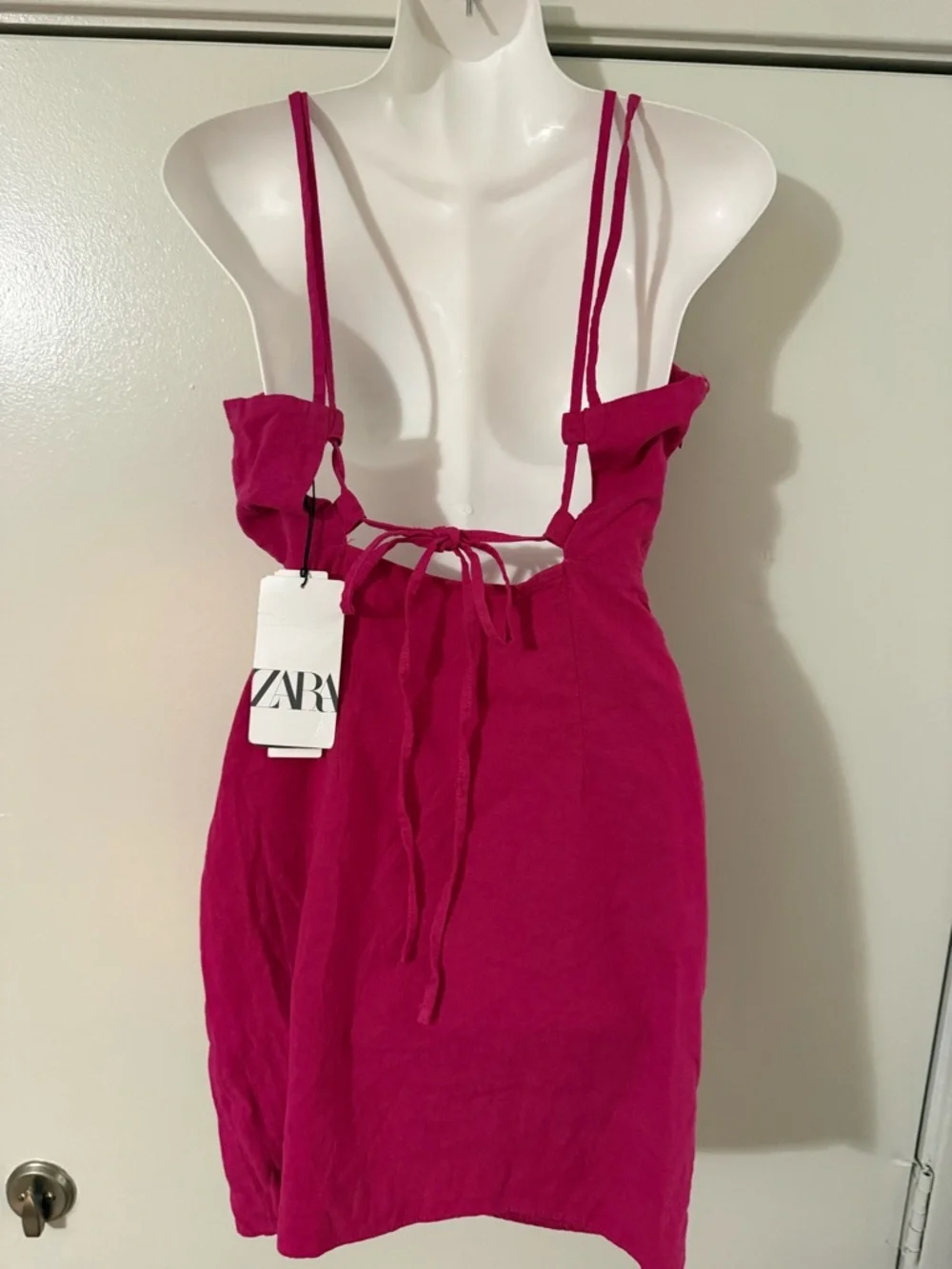 Zara Fuchsia Pink Ruched Wrap Mini Dress Linen Blend Strappy V Neck NWT Medium - Picture 8 of 16